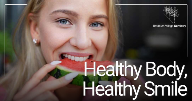 Healthy Body, Healthy Smile woman taking a bite of a watermelon slice