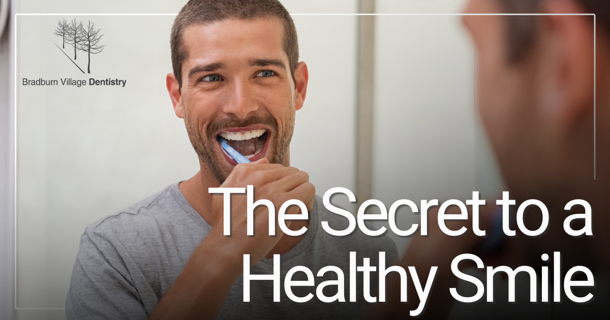 The Secret to a Healthy Smile man brushing teeth in mirror